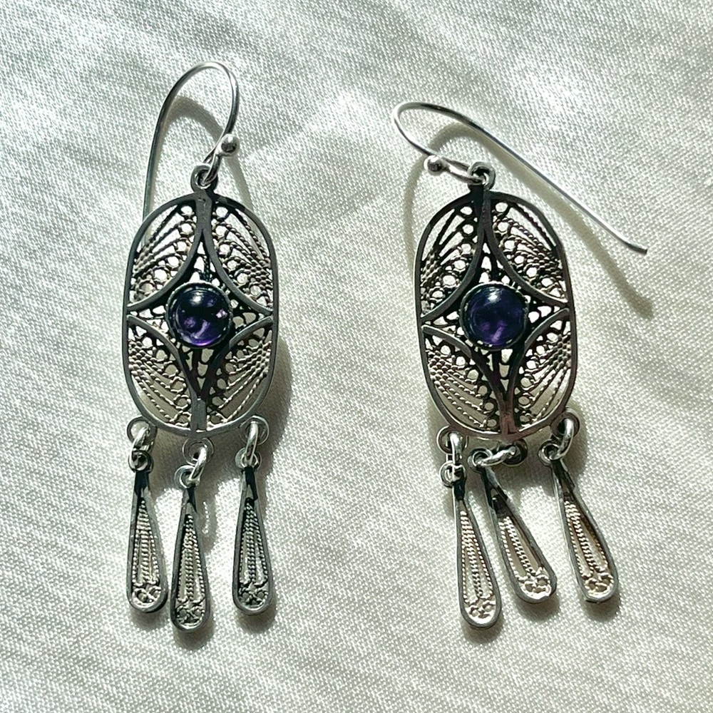 Vintage Sterling Silver Amethyst Dangle Earrings Filigree Stone Tear Drop Boho